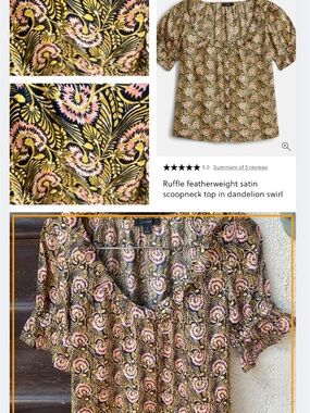J. Crew Dandelion Swirl Ruffle Satin Top in Black, Pink & Gold